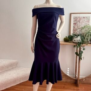 Vince Camuto Off the Shoulder Midi Dress Navy Blue Size 6
